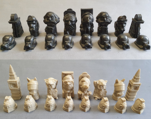 Chess Pieces carved with the caricatures of Political Figures and Icons of the Miners' Strike